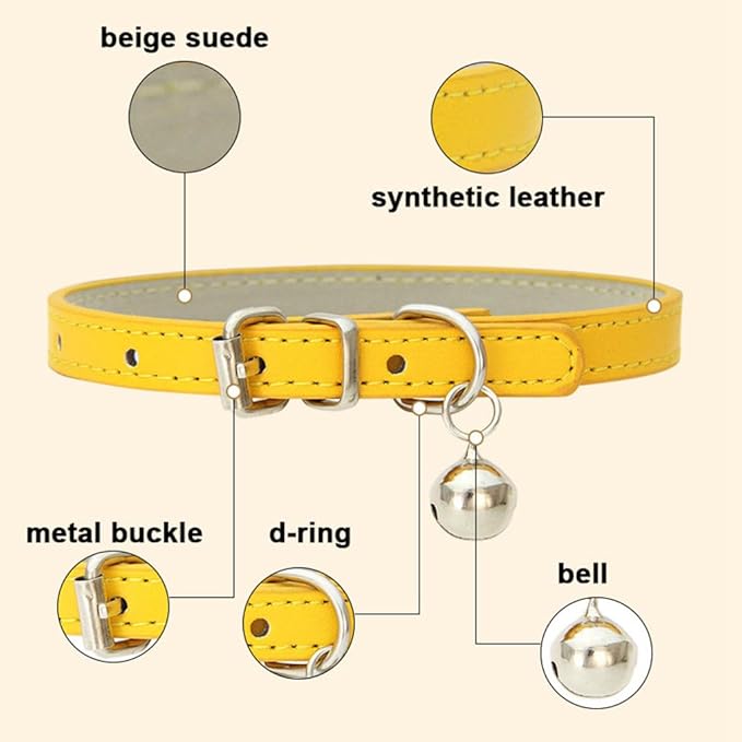 Khaki Puppy Collar with Bell, Soft Pu Leather Cat Collars Adjustable Buckle - Image 4