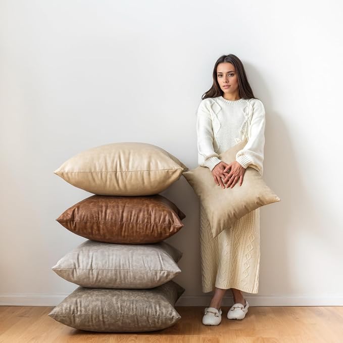 Pack of 2 Oversized Leather Pillow Cover Neutral Decorative, - Image 6
