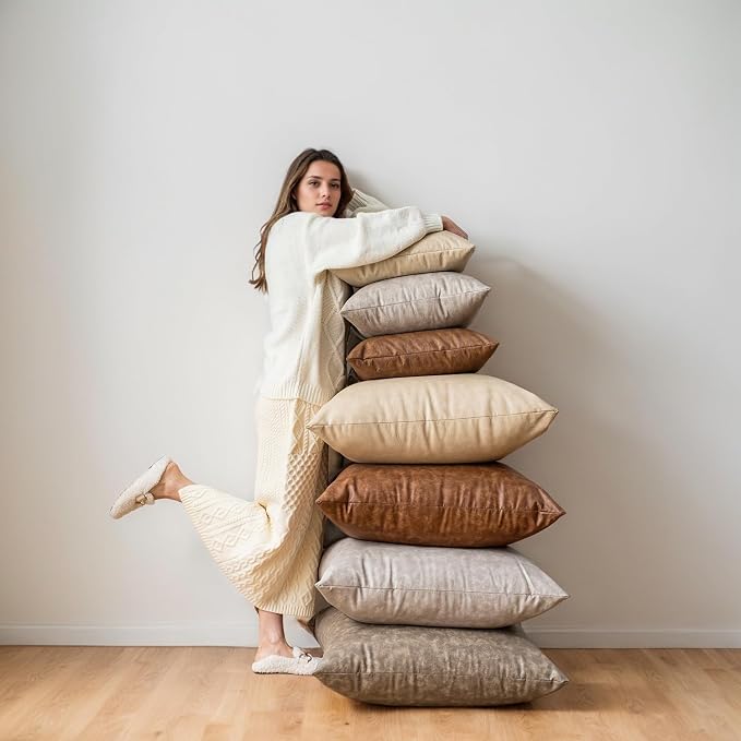 Leather Throw Pillow Covers Pack of 2 Brown, Modern Boho Thickened Floor - Image 4