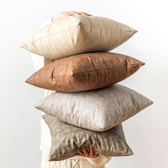 Pack of 2 Faux Leather Pillow Covers, Soft Rustic Farmhouse Neutral Vintage - Image 6