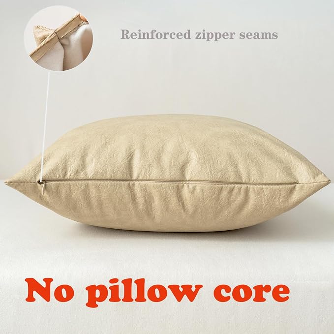 Pack of 2 Faux Leather Pillow Covers, Soft Rustic Farmhouse Neutral Vintage - Image 2