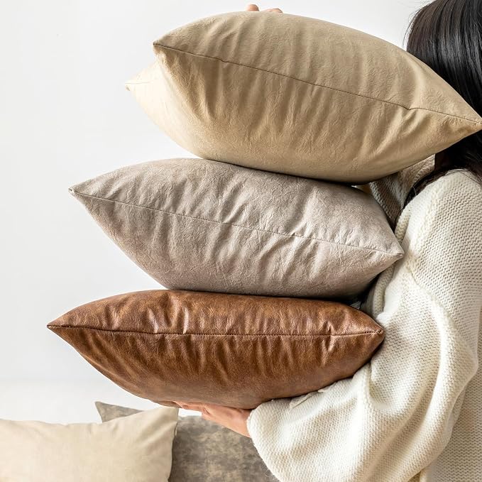 Pack of 2 Neutral Decorative Faux Leather Throw Pillow Covers, Boho Luxury - Image 3