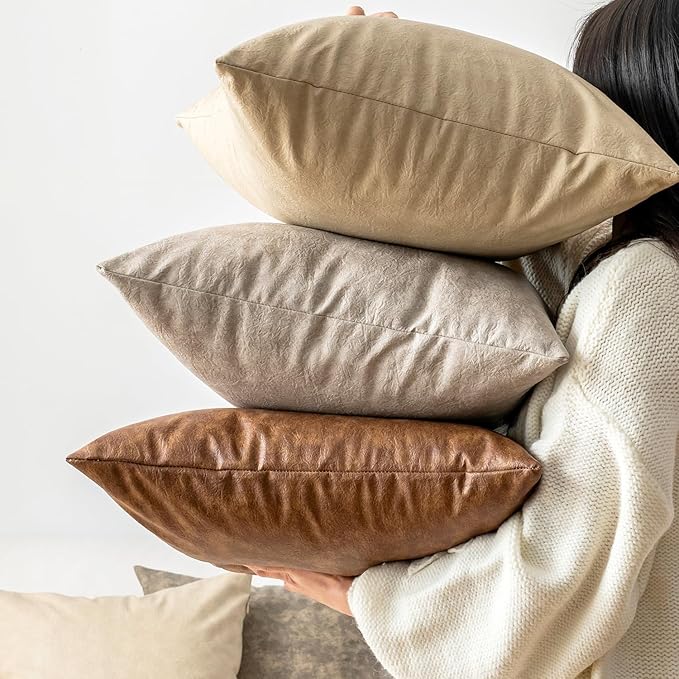 Neutral Decorative Faux Leather Pillow Covers, - Image 7